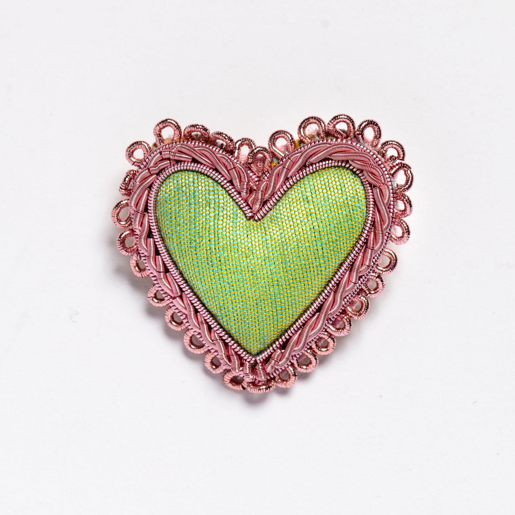 Floral Anthology Collection - Pink and Green Dupion Heart Brooch