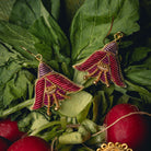 Fuchsia Earrings - Hand Embroidered flower earrings on radish leaves