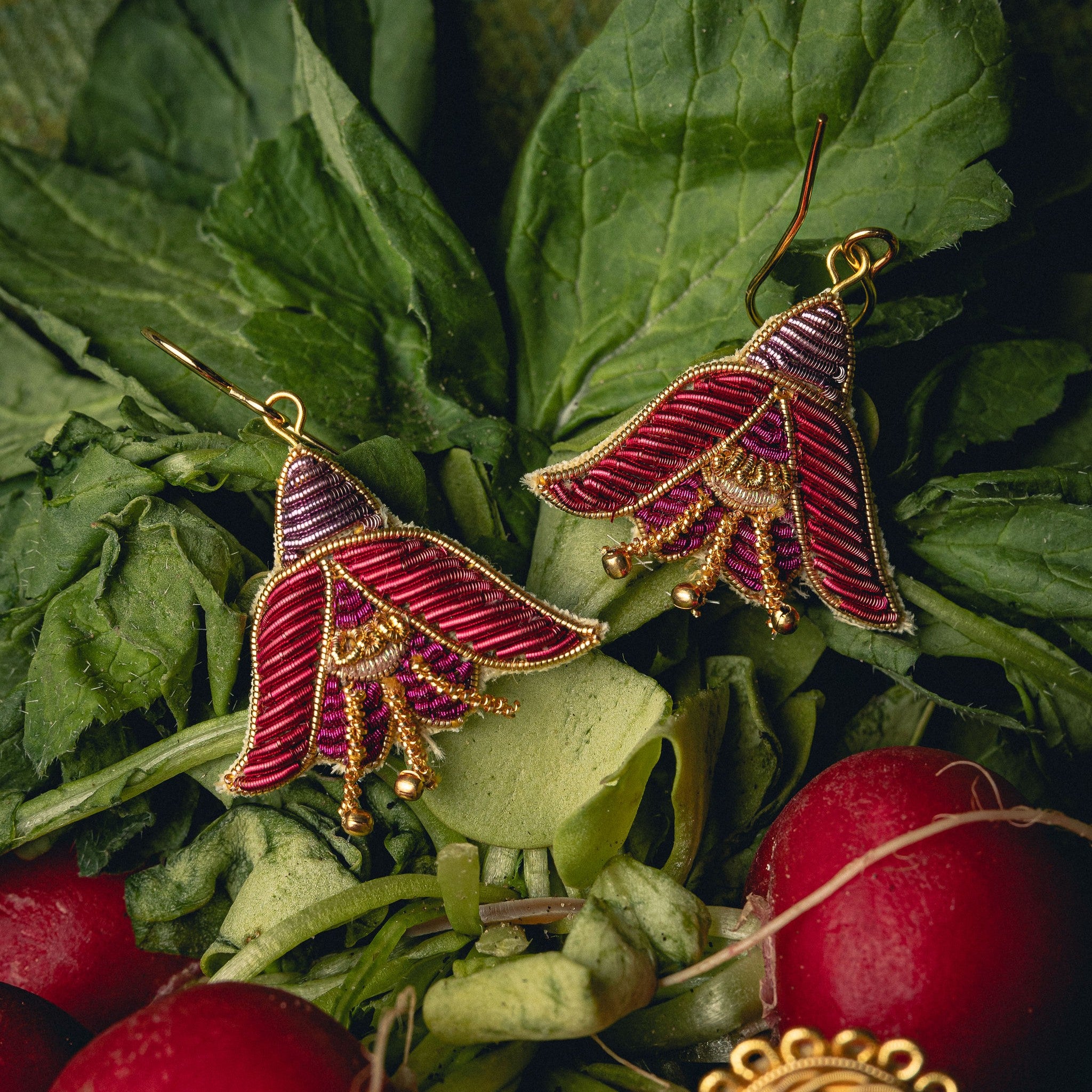 Fuchsia Earrings - Hand Embroidered flower earrings on radish leaves