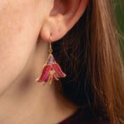 Fuchsia Earrings - Hand Embroidered flower earrings close up being worn
