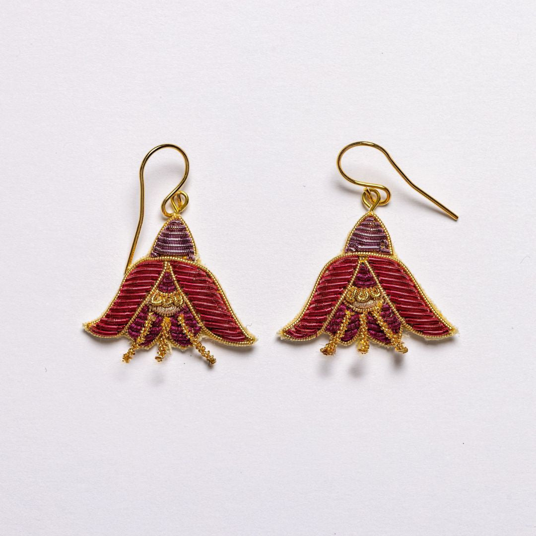 Fuchsia Earrings - Hand Embroidered flower earrings on a white background