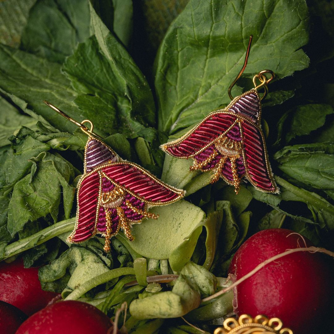Fuchsia Earrings - Hand Embroidered flower earrings on radish leaves