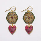 Garden Charm Earrings - Hand Embroidered flower and heart earrings on a white background