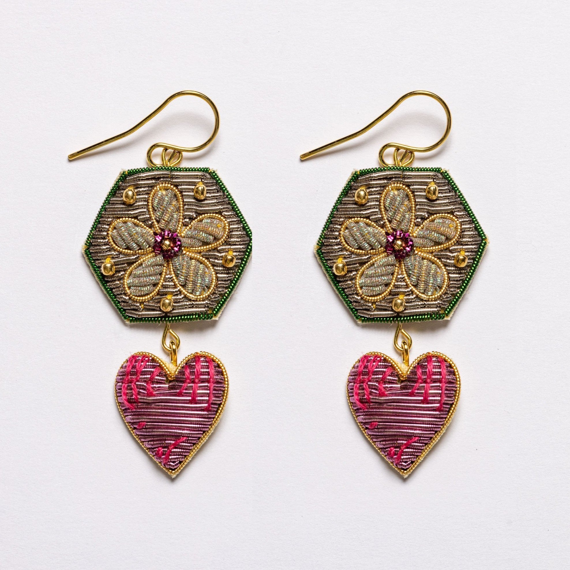 Garden Charm Earrings - Hand Embroidered flower and heart earrings on a white background