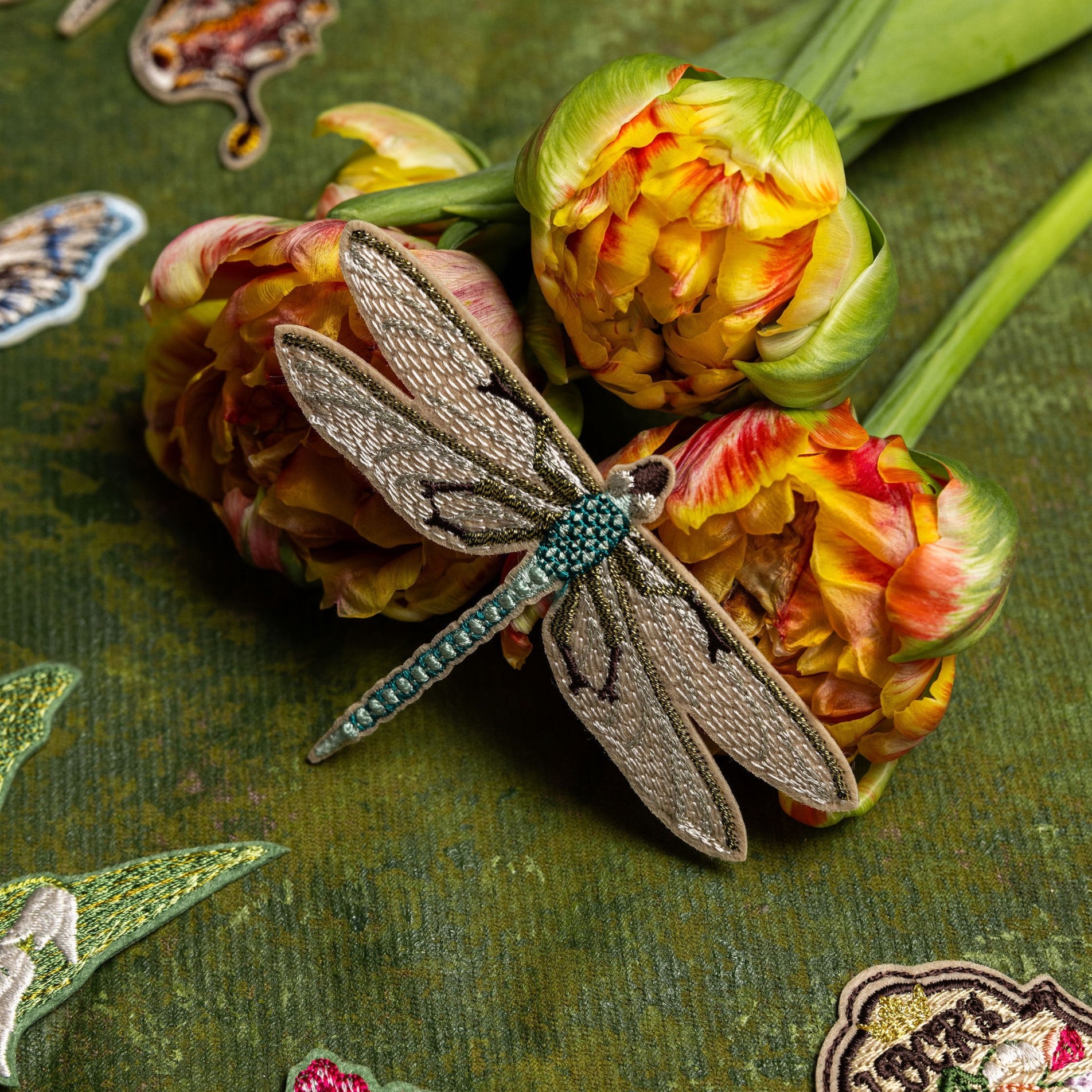 Garden Insects Embroidered Patch Set - Embroidered dragonfly patch on a bunch of flowers