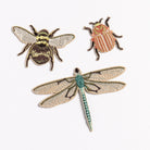 Garden Insects Embroidered Patch Set - Embroidered patches of a bee, dragonfly, and beetle on a white background