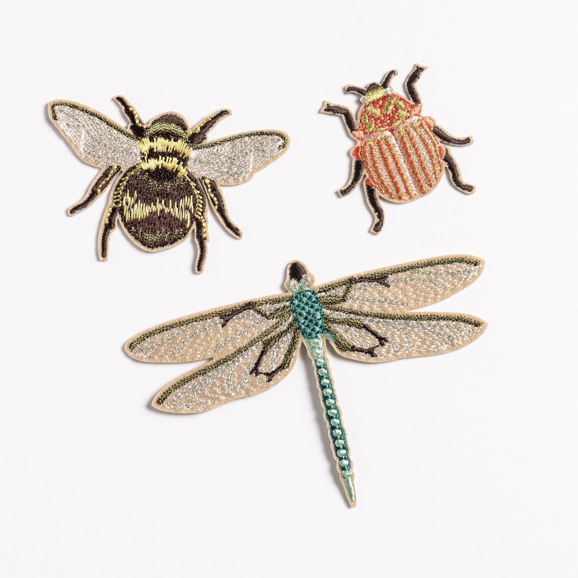 Garden Insects Embroidered Patch Set - Embroidered patches of a bee, dragonfly, and beetle on a white background