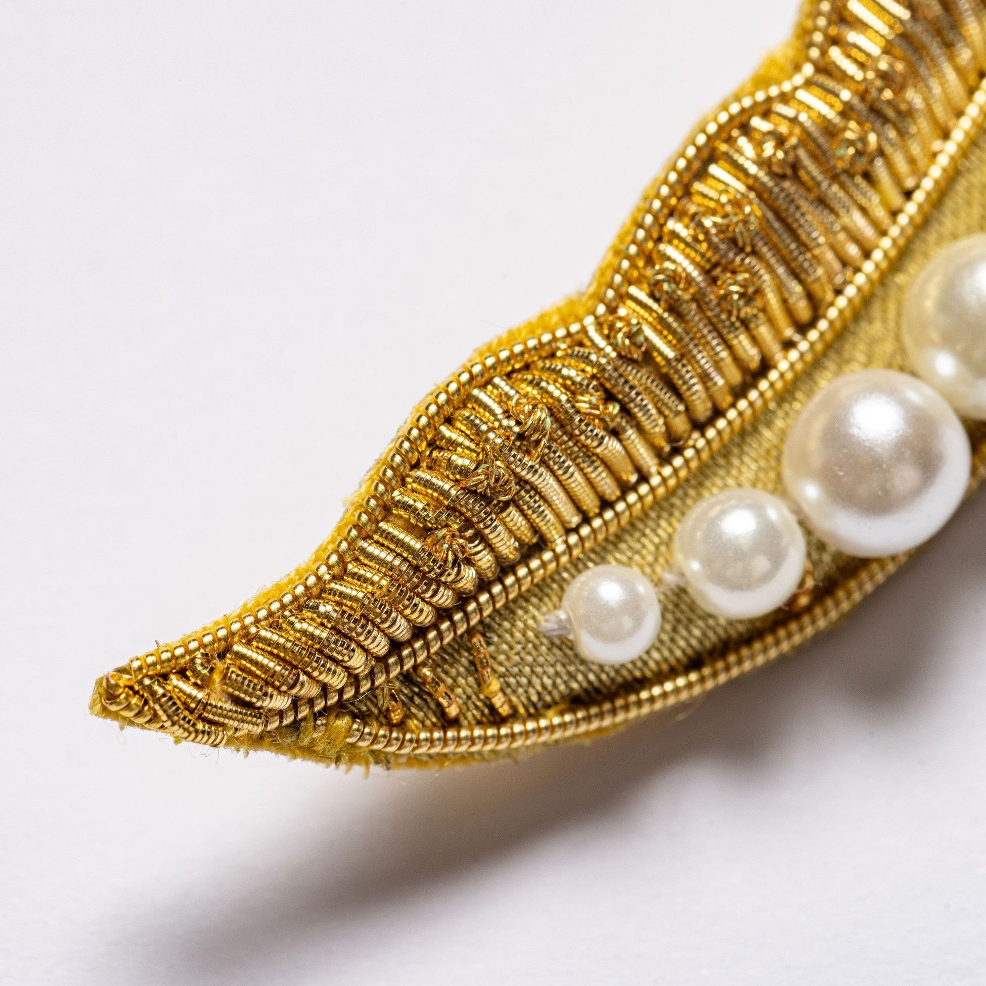 Golden Pea Brooch - Hand Embroidered brooch, close up of the goldwork and pearls