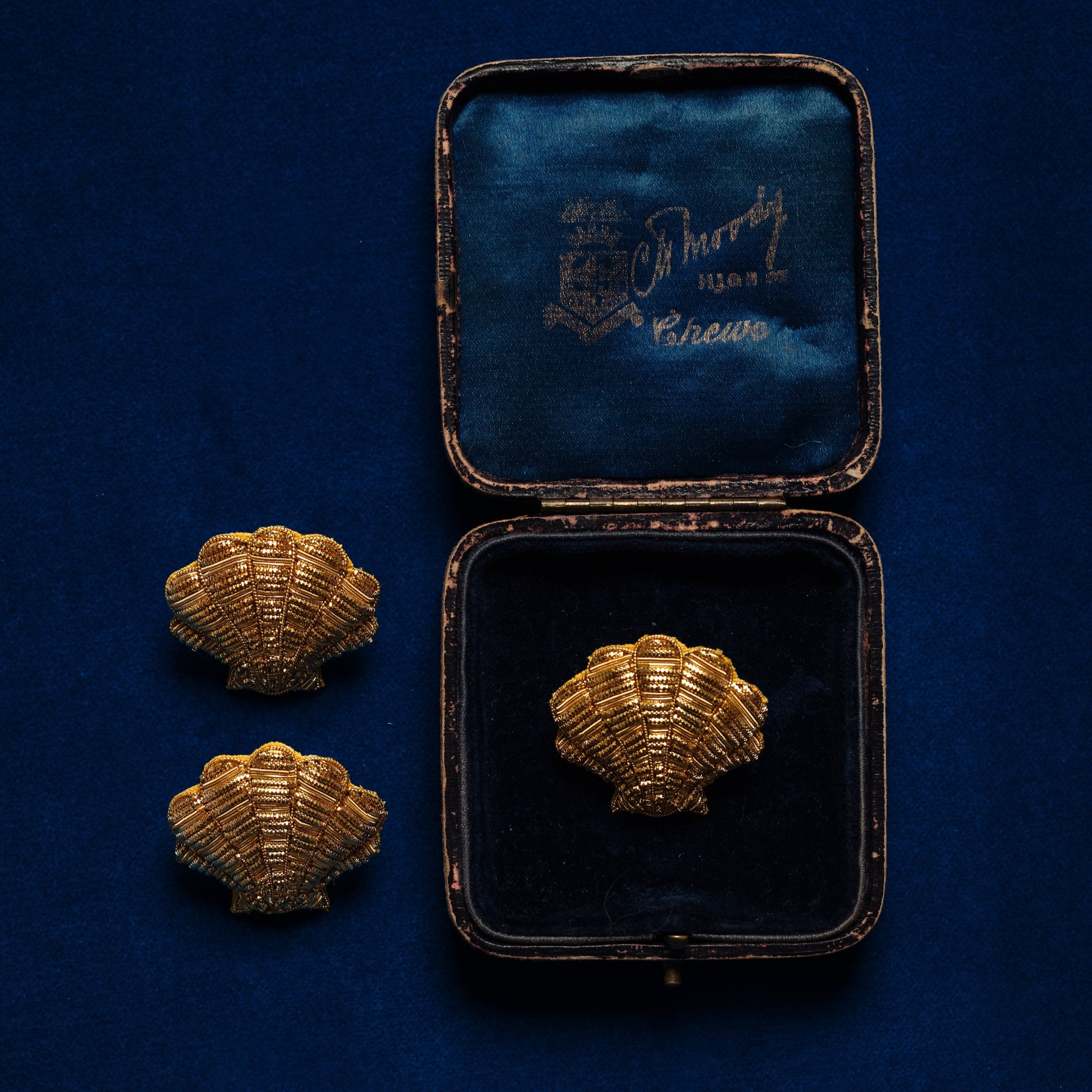 Goldwork Clam Earrings and Brooch