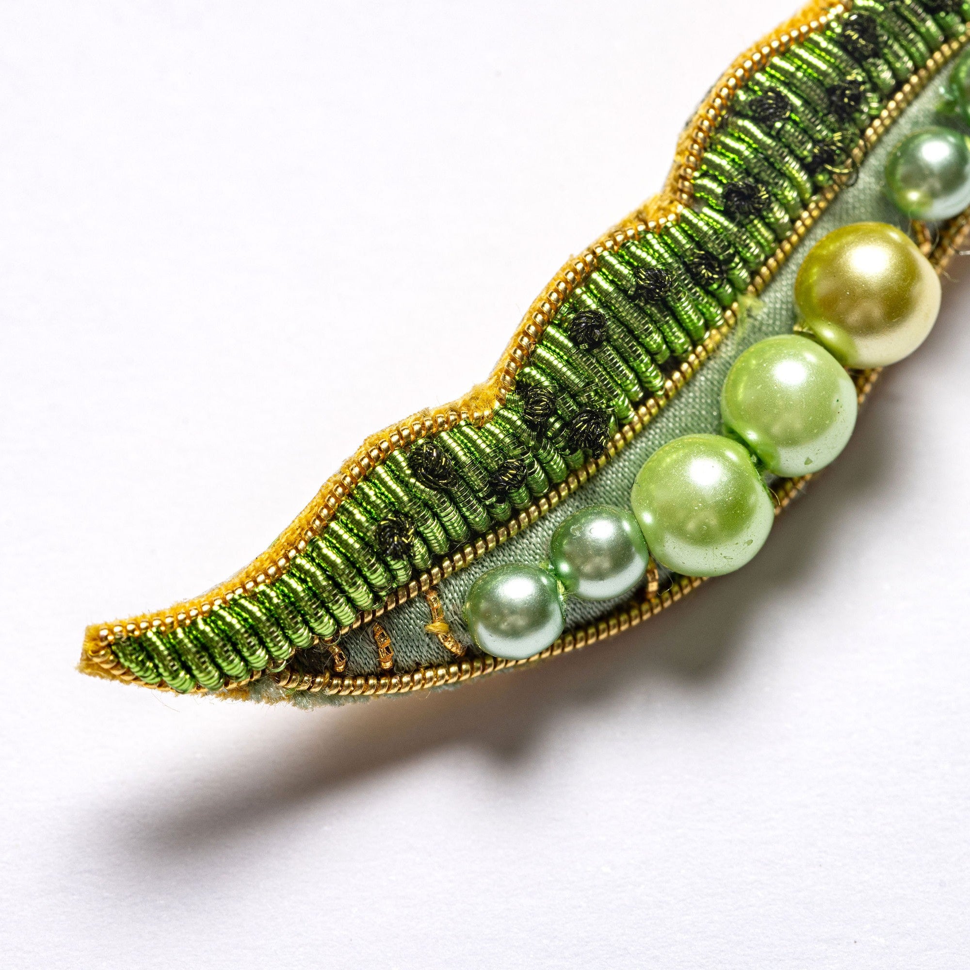Green Pea Brooch - Hand Embroidered brooch, close up of goldwork embroidery and pearl details