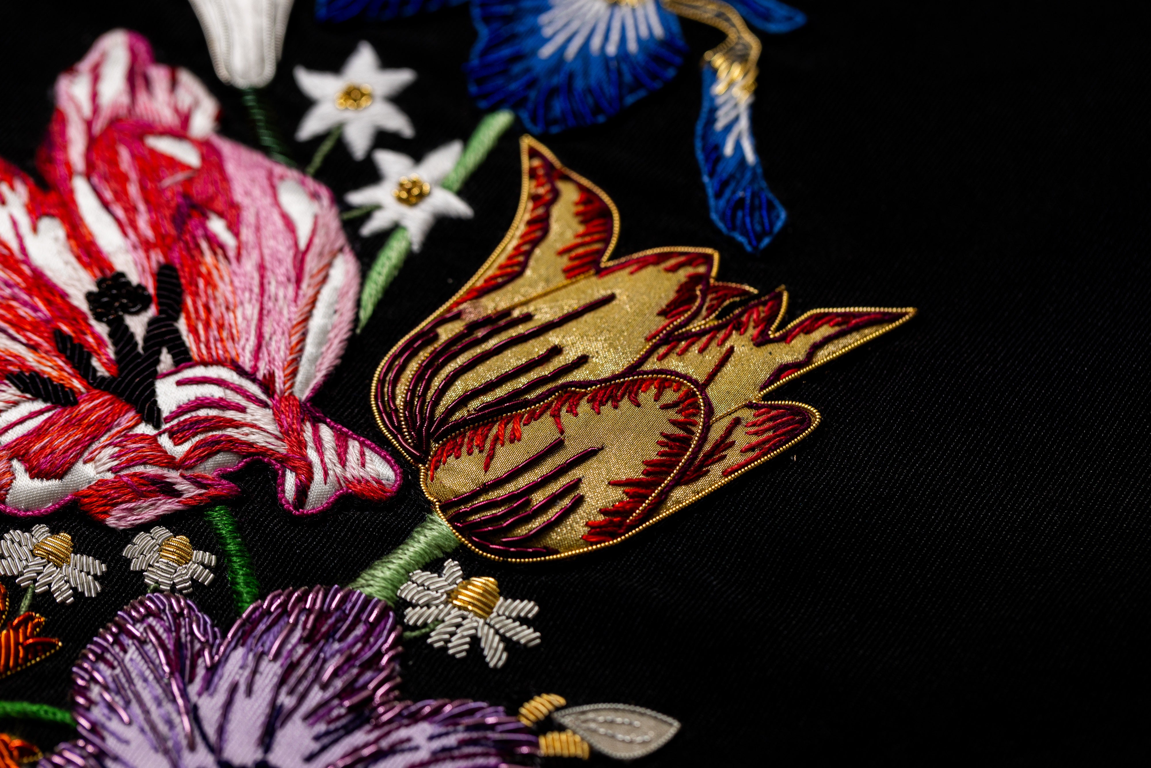 Hand Embroidered Floral Sample with Goldwork Accents