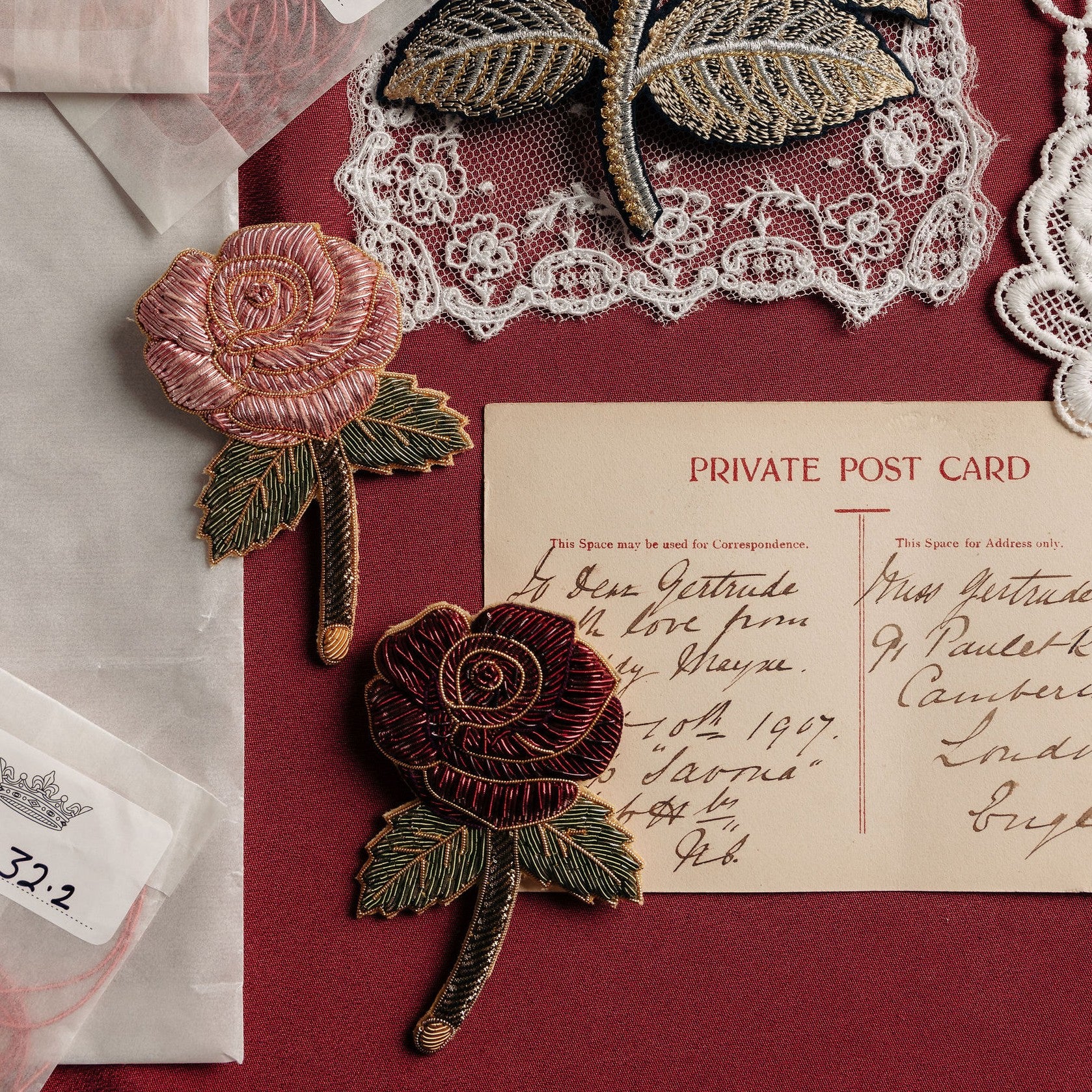 Hand Embroidered Rose Brooches