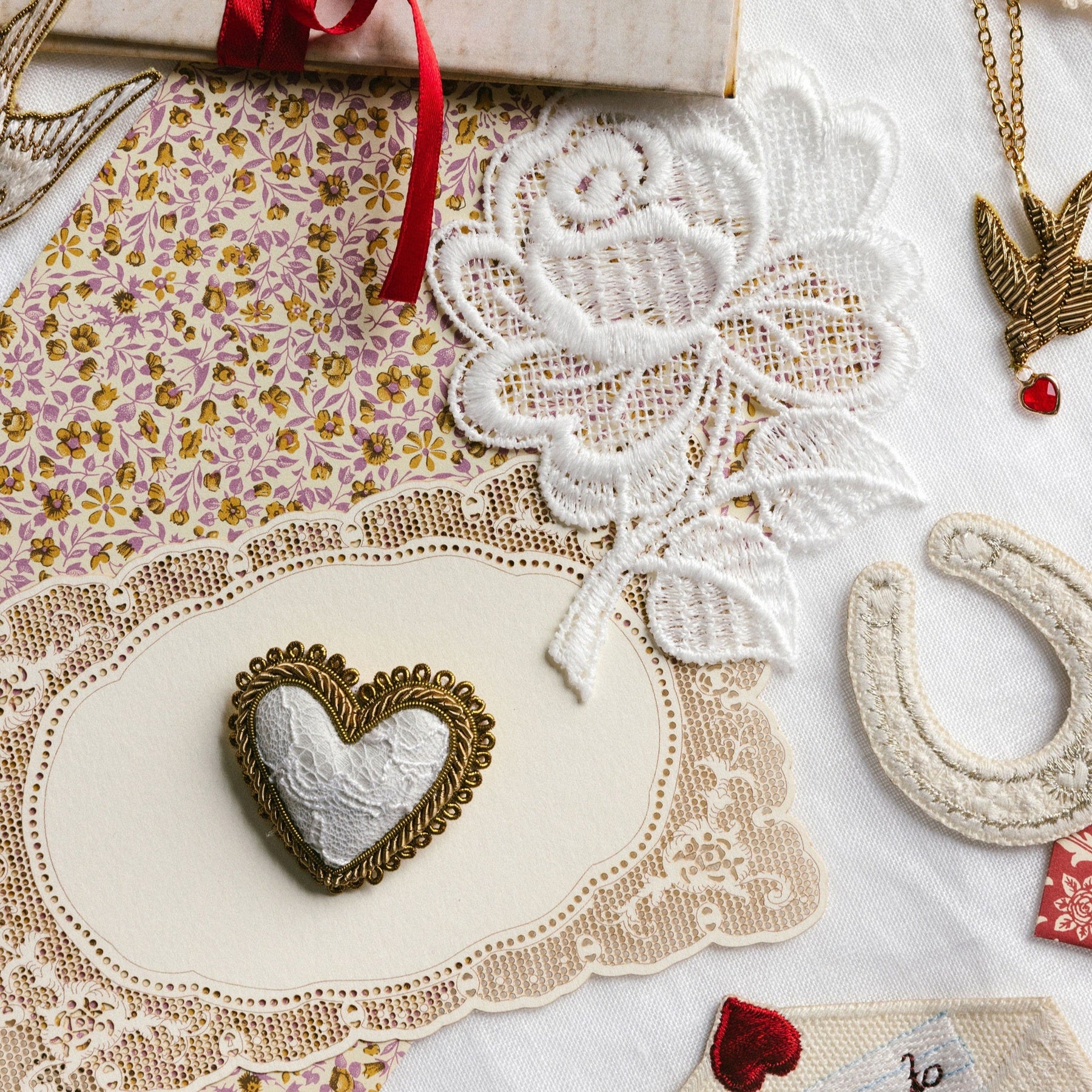 Hand Embroidered White Lace Heart Brooch - Valentines Collection 2026