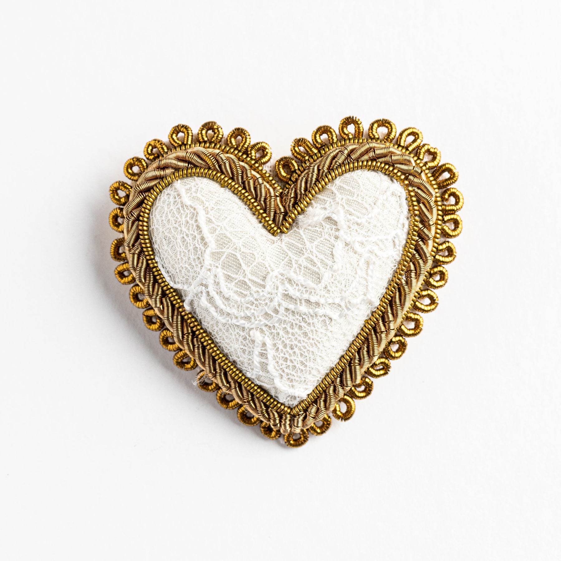 Hand Embroidered White Lace Heart Brooch - Valentines Collection 2026