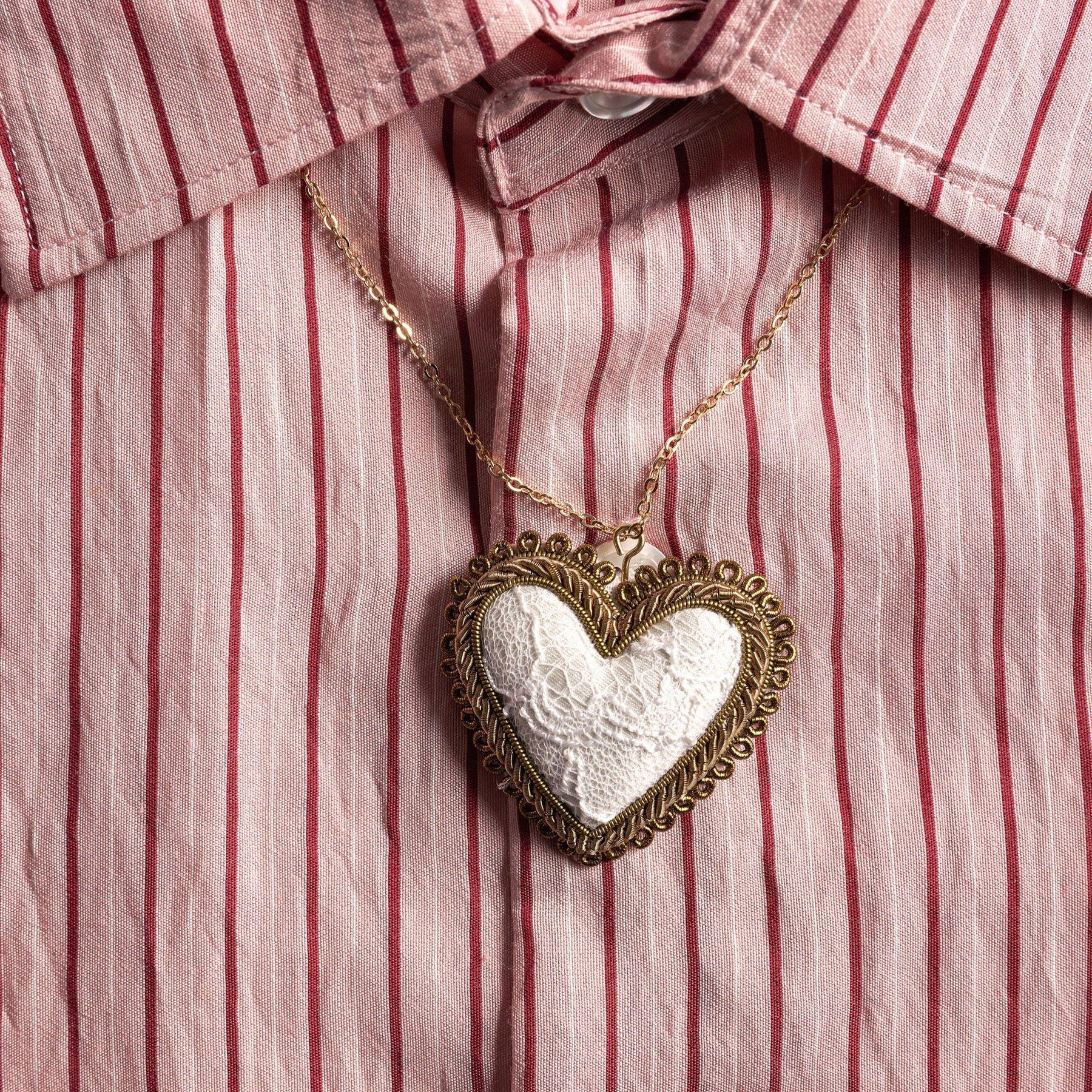 Hand Embroidered White Lace Heart Necklace - Valentines Collection 2026