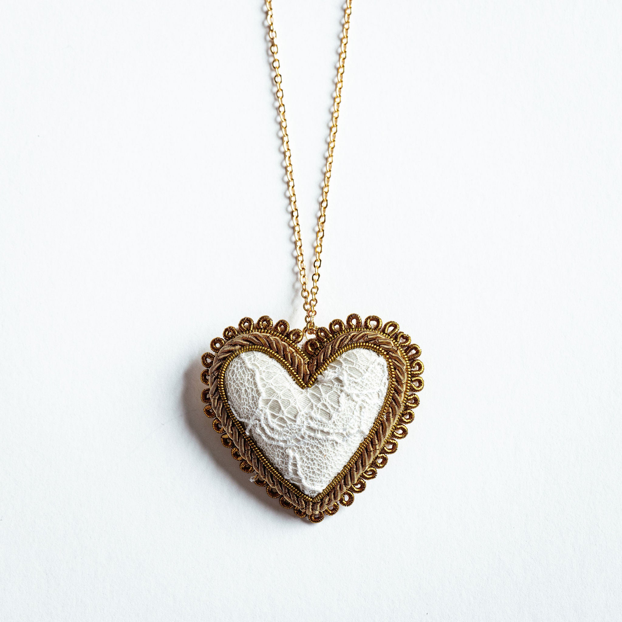 Hand Embroidered White Lace Heart Necklace - Valentines Collection 2026