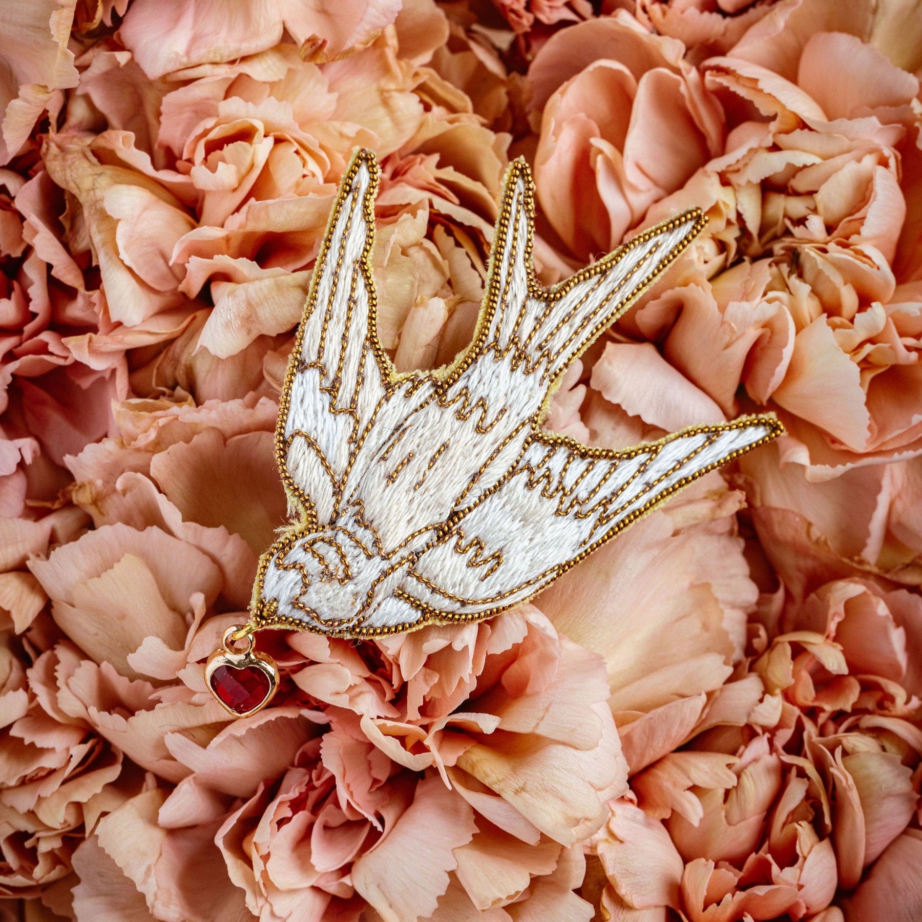 Hand Embroidered White Swallow Bird Brooch - Valentines Collection 2026
