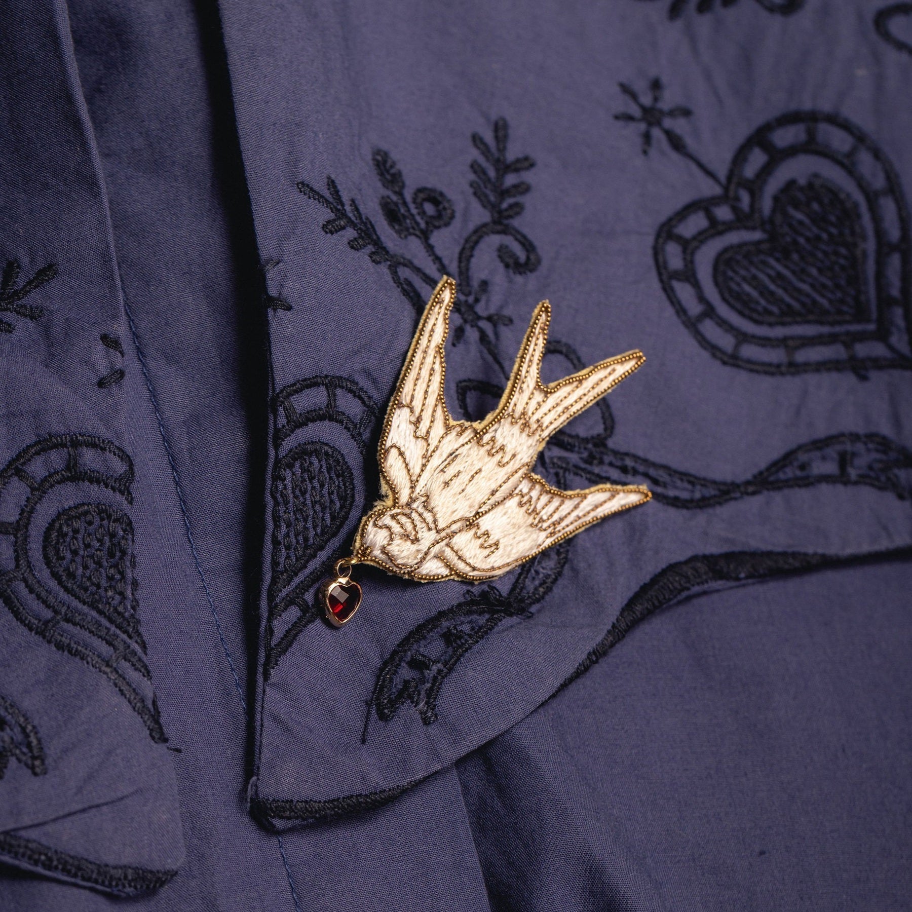 Hand Embroidered White Swallow Bird Brooch - Valentines Collection 2026