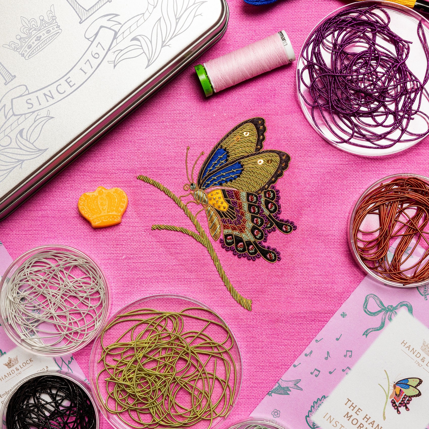 Hanae Mori Goldwork Embroidery Kit - Embroidered sample with materials