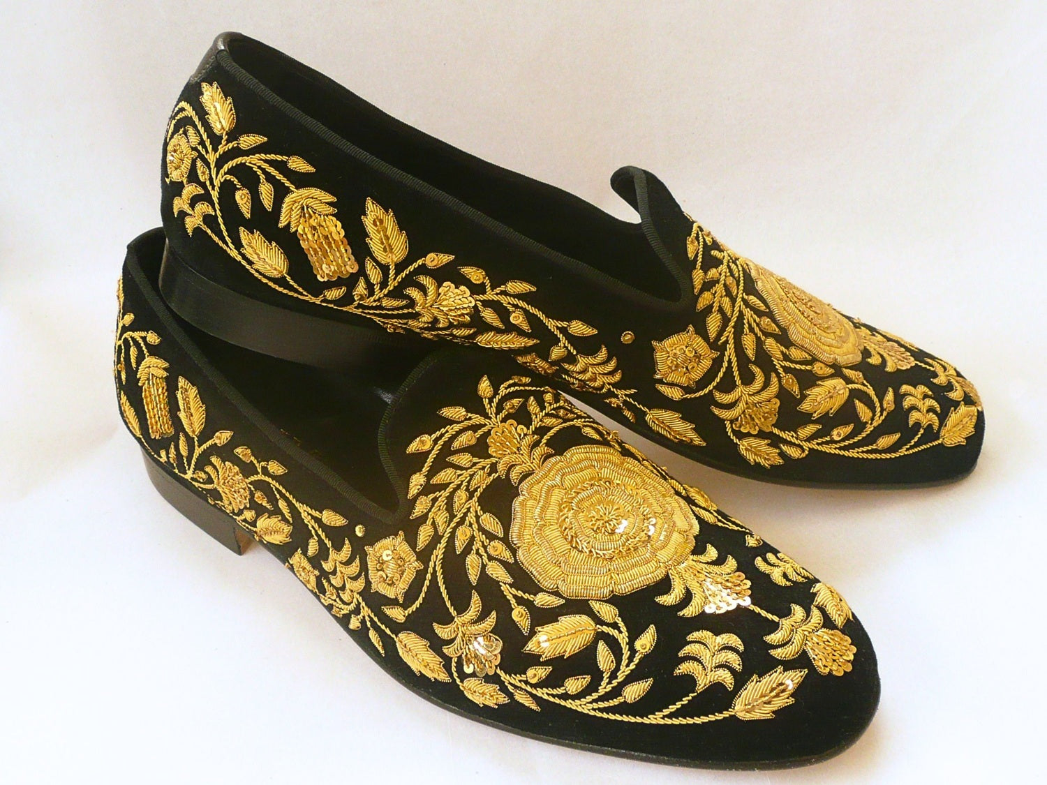 Hand and Lock - Bespoke Hand Embroidered Goldwork Slippers - Edward Green