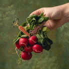 How Does Your Garden Grow? Collection of Hand Embroidered Jewellery - Hand holding a bunch of radishes against a green background