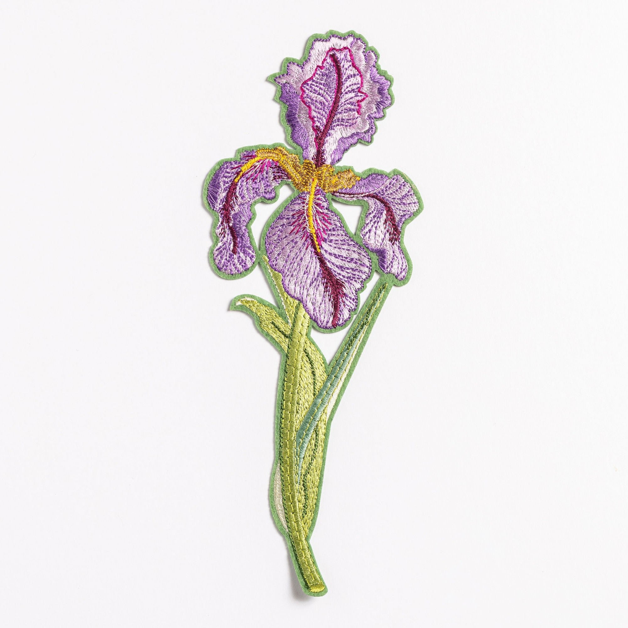 Iris Flower Embroidered Patch - Embroidered patch of a purple iris flower on a white background