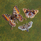 Kaleidoscope Butterflies Embroidered Patch Set - Three butterfly patches on a textured green background