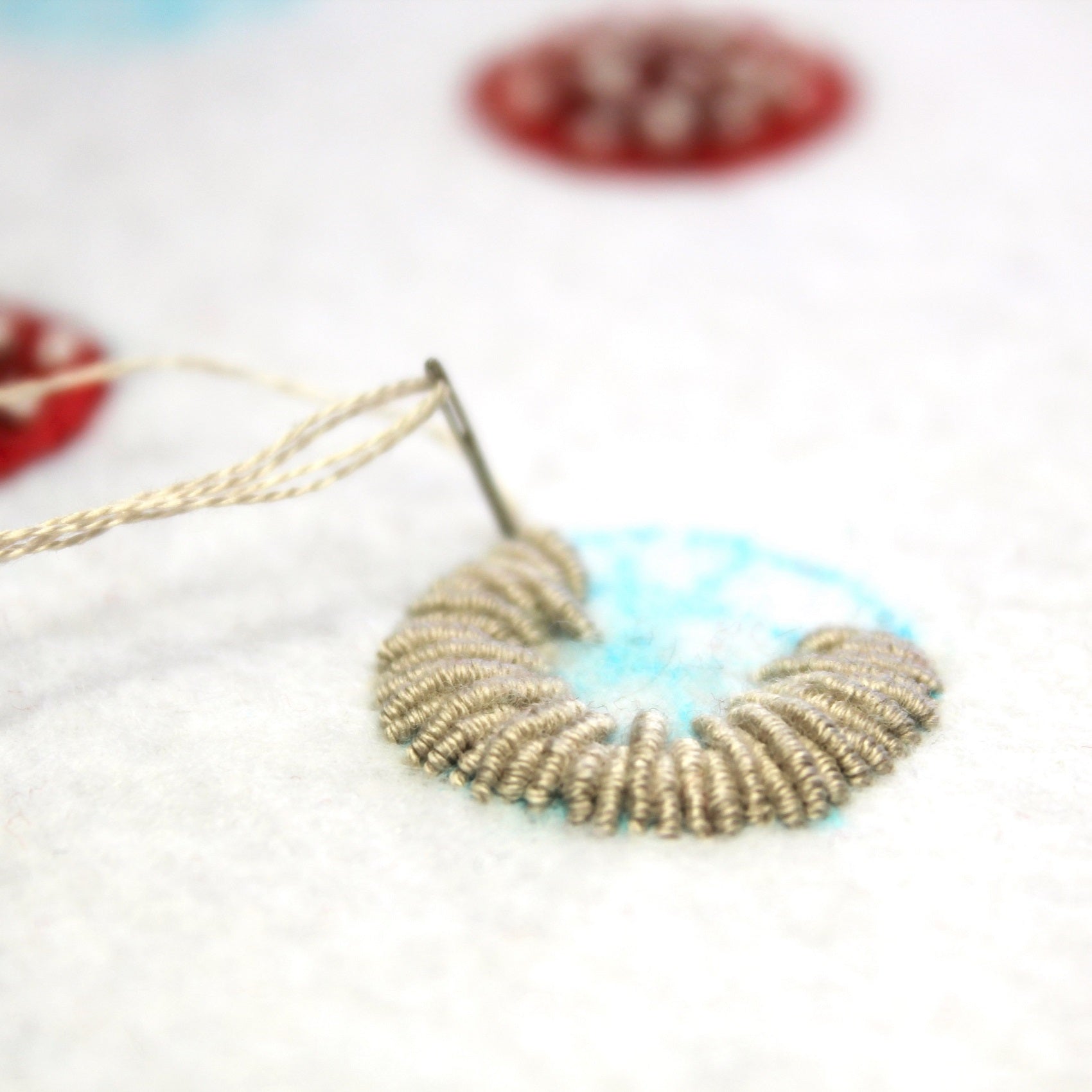 Lemon Pepper Studio Guest Tutor Hand Embroidery Course 'Fly Agaric Earrings'