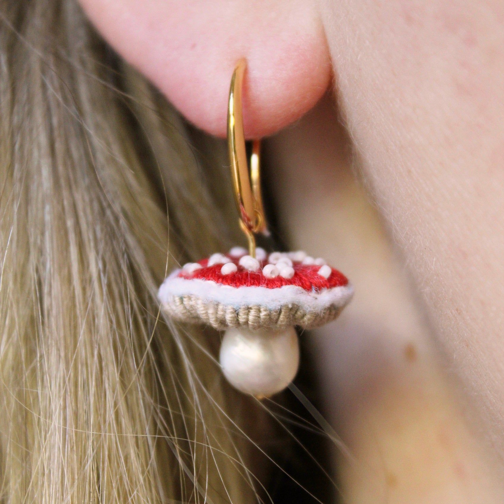 Lemon Pepper Studio Guest Tutor Hand Embroidery Course 'Fly Agaric Earrings'