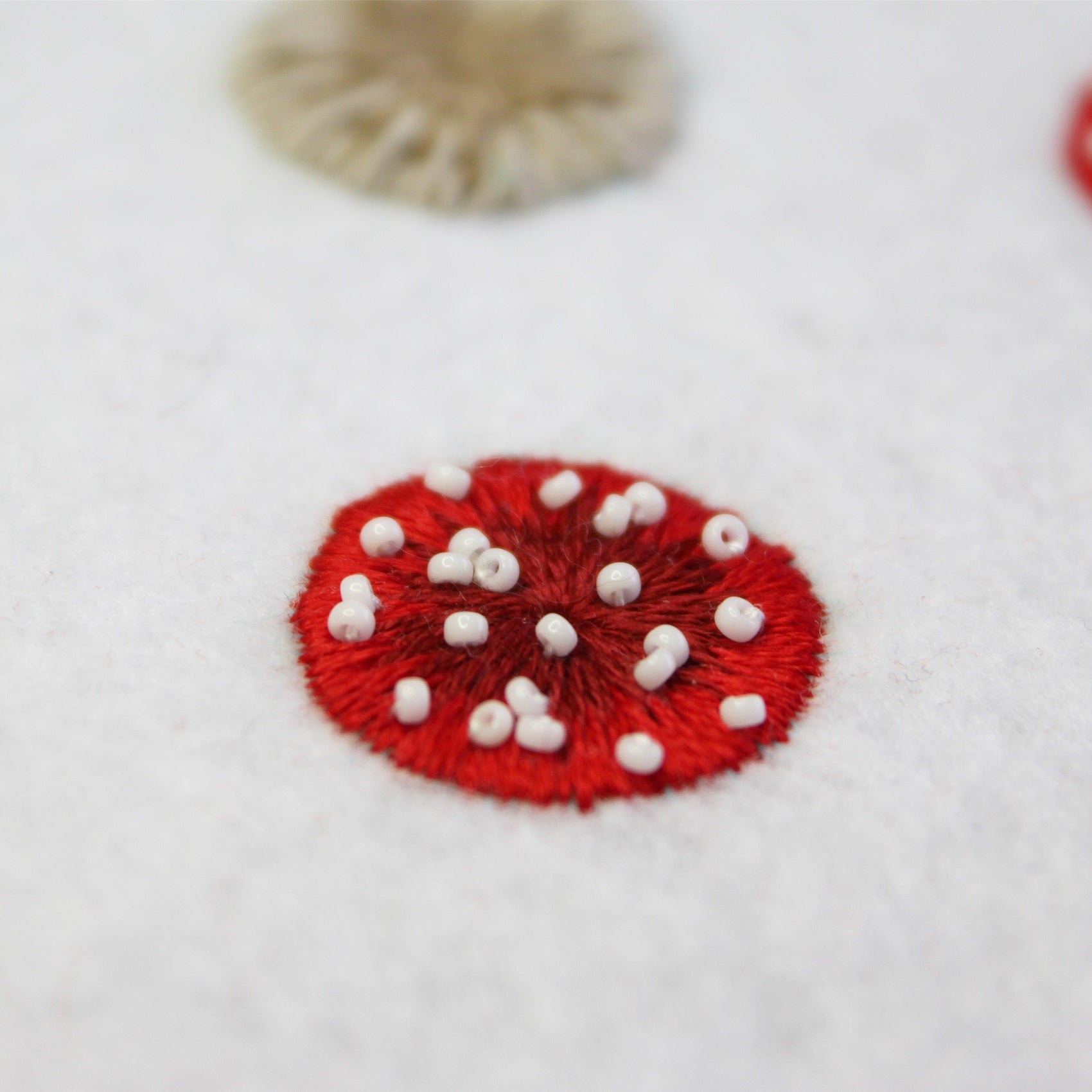 Lemon Pepper Studio Guest Tutor Hand Embroidery Course 'Fly Agaric Earrings'