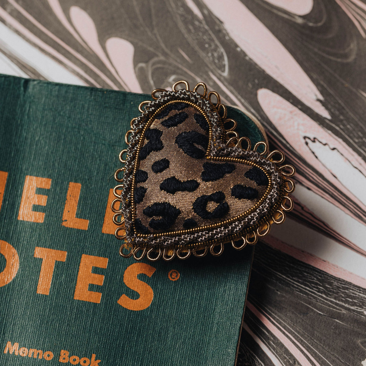 Leopard Print Heart Hand Embroidered Brooch 