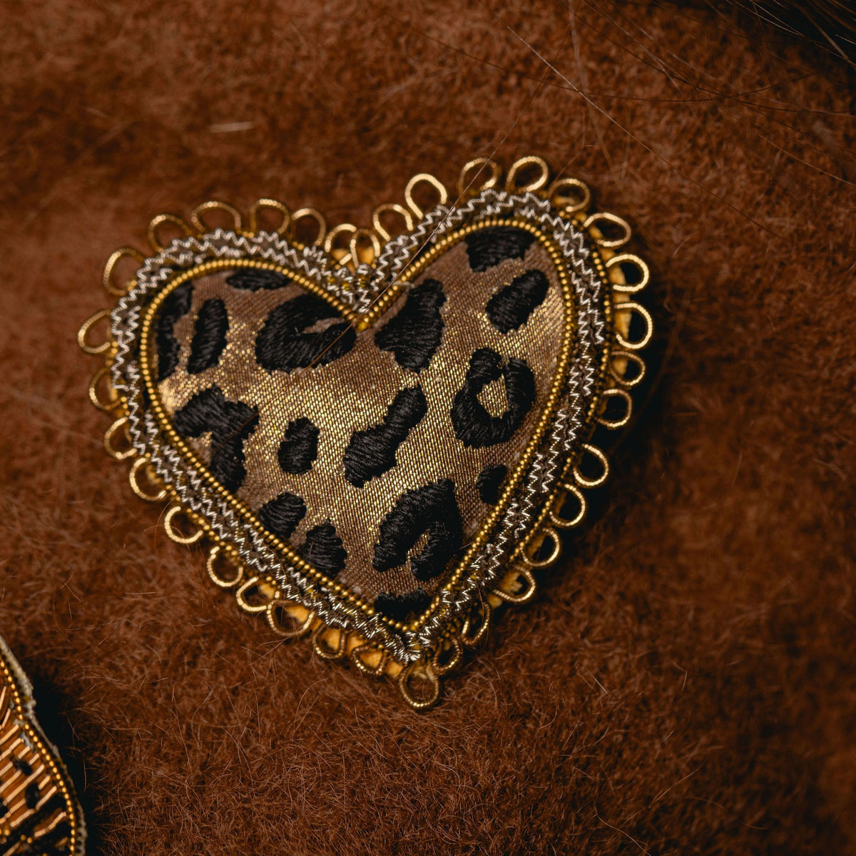Leopard Print Heart Hand Embroidered Brooch 