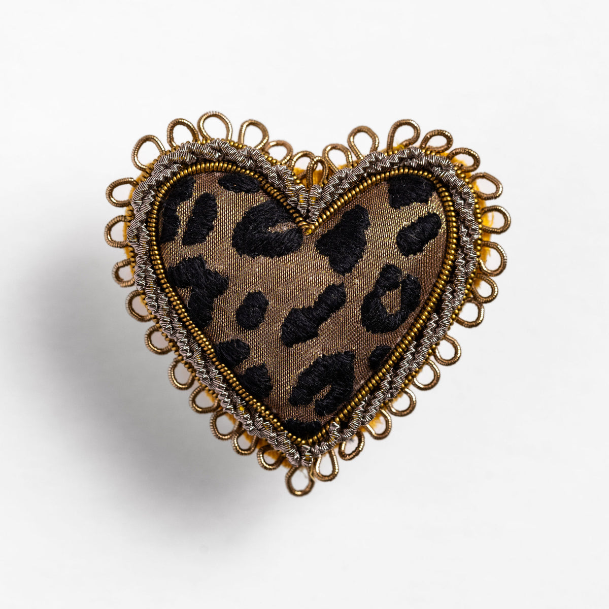Leopard Print Heart Hand Embroidered Brooch 