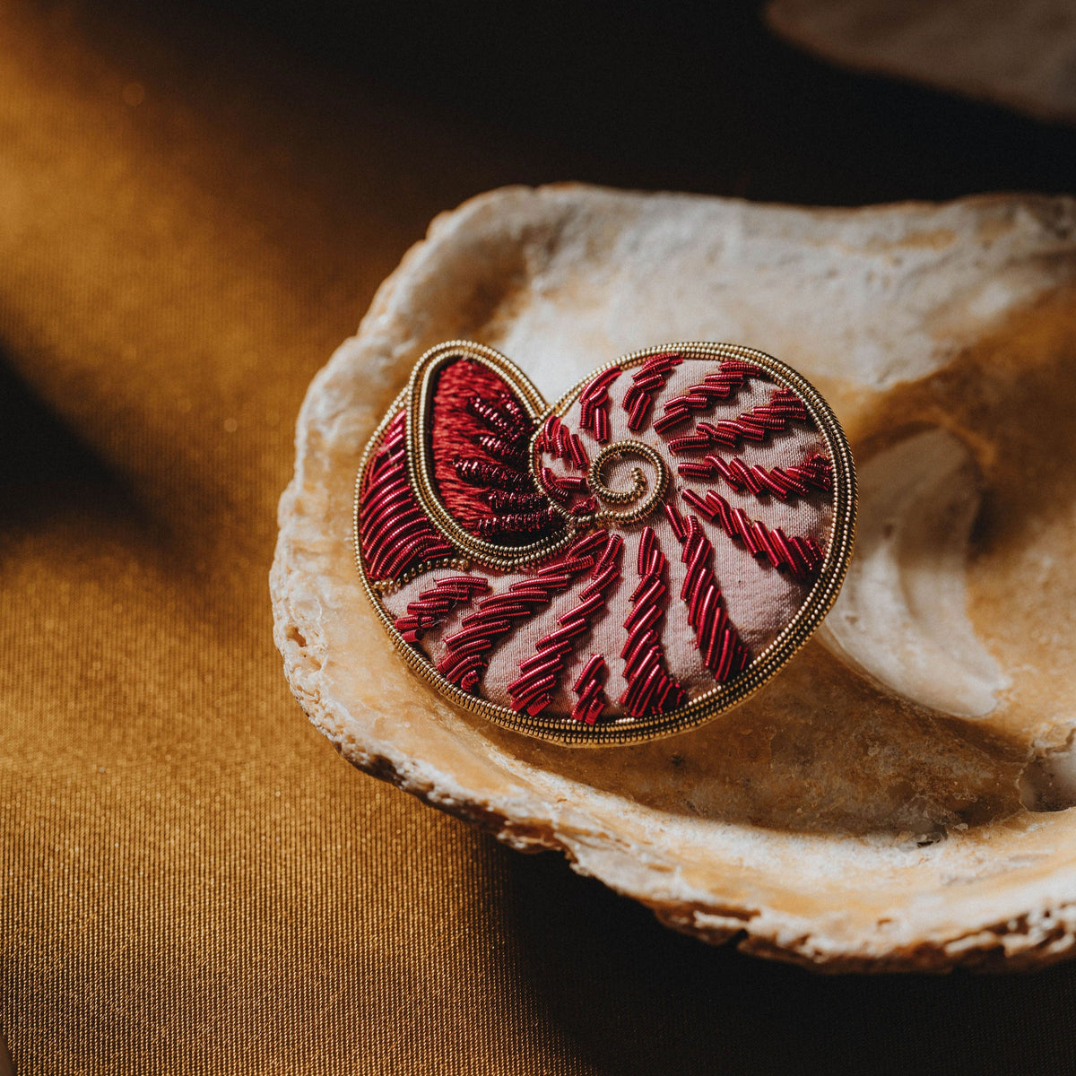 Nautilus Shell Hand Embroidered Brooch