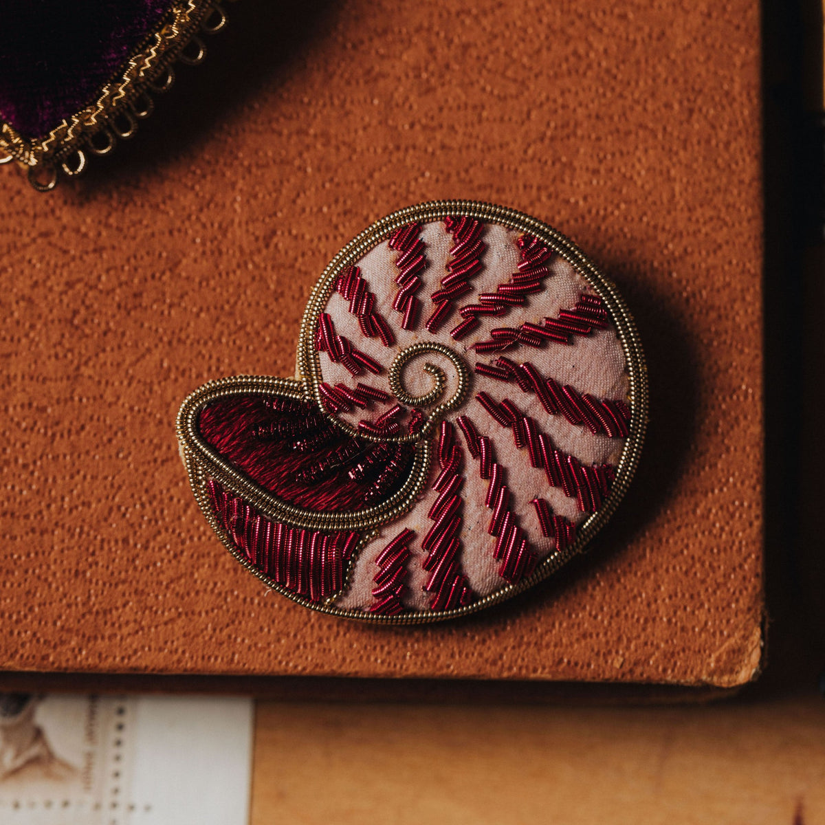 Nautilus Shell Hand Embroidered Brooch 