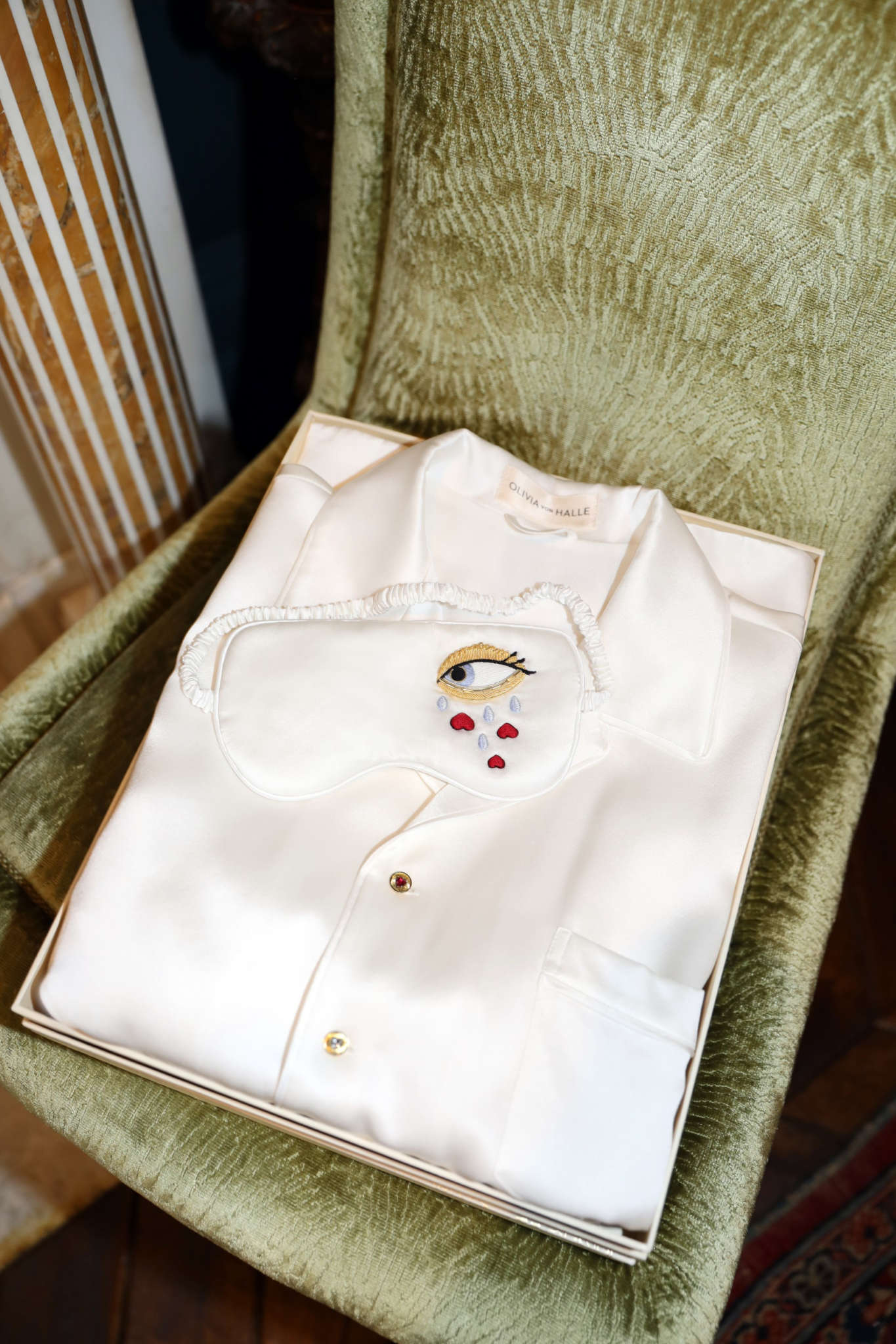 Olivia Von Halle Pyjamas with Bespoke Hand Embroidered Goldwork 