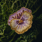 Pansy Brooch - Hand Embroidered flower brooch on a cabbage leaf background