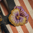 Pansy Brooch - Hand Embroidered brooch photographed on a striped background