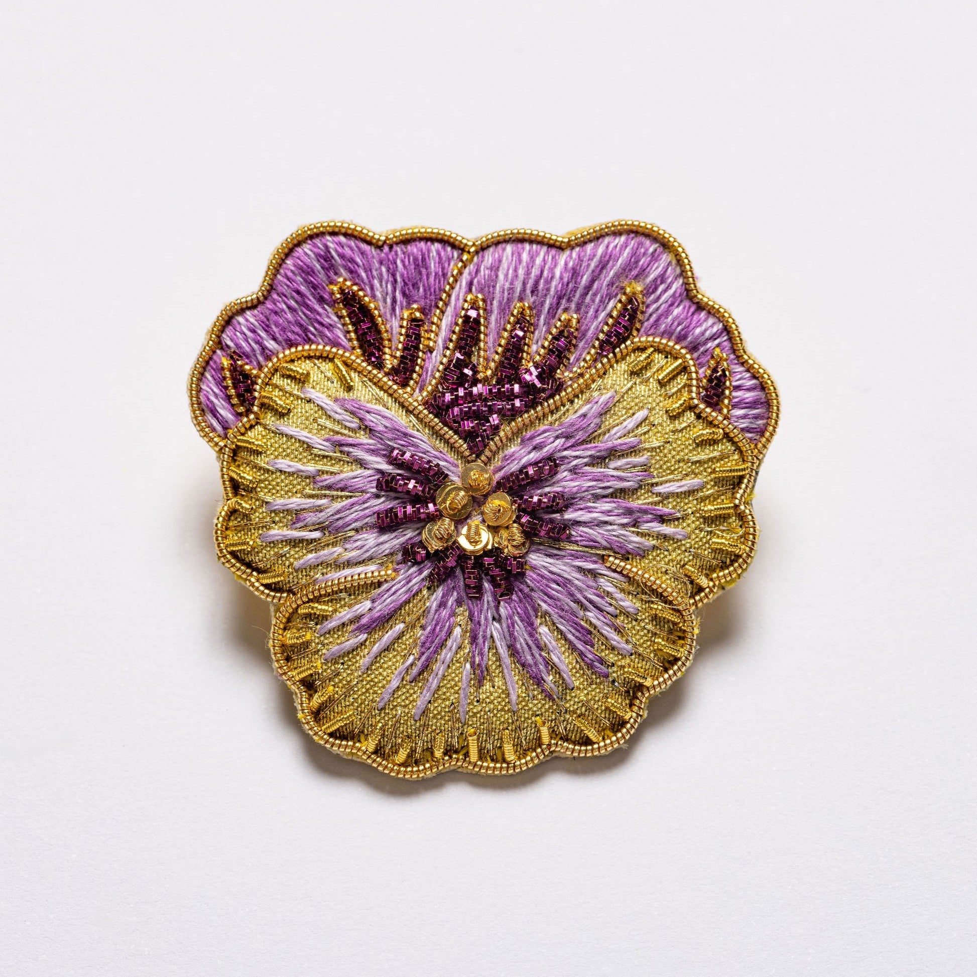 Pansy Brooch - Hand Embroidered flower brooch on a white background