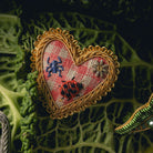 Picnic Heart Brooch - Hand Embroidered heart brooch photographed on a cabbage leaf