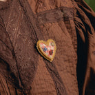 Picnic Heart Brooch - Hand Embroidered heart brooch on a brown blouse