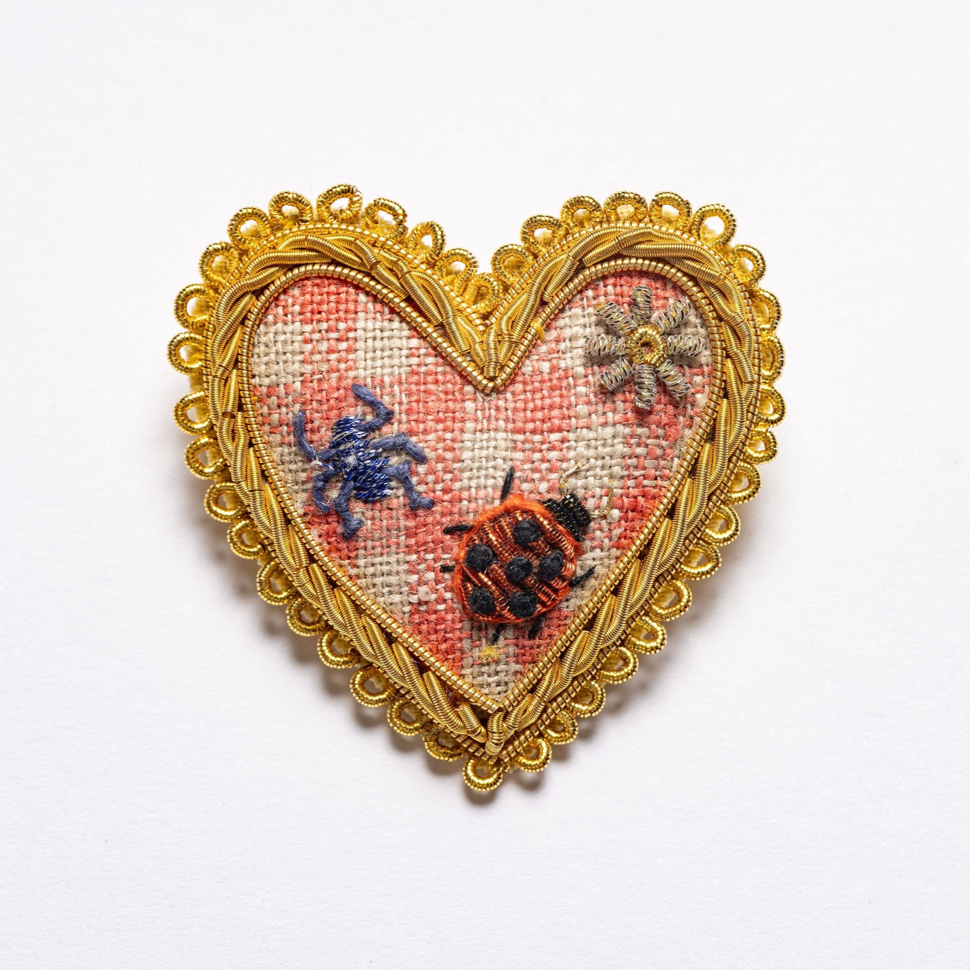 Picnic Heart Brooch - Hand Embroidered heart brooch on a white background