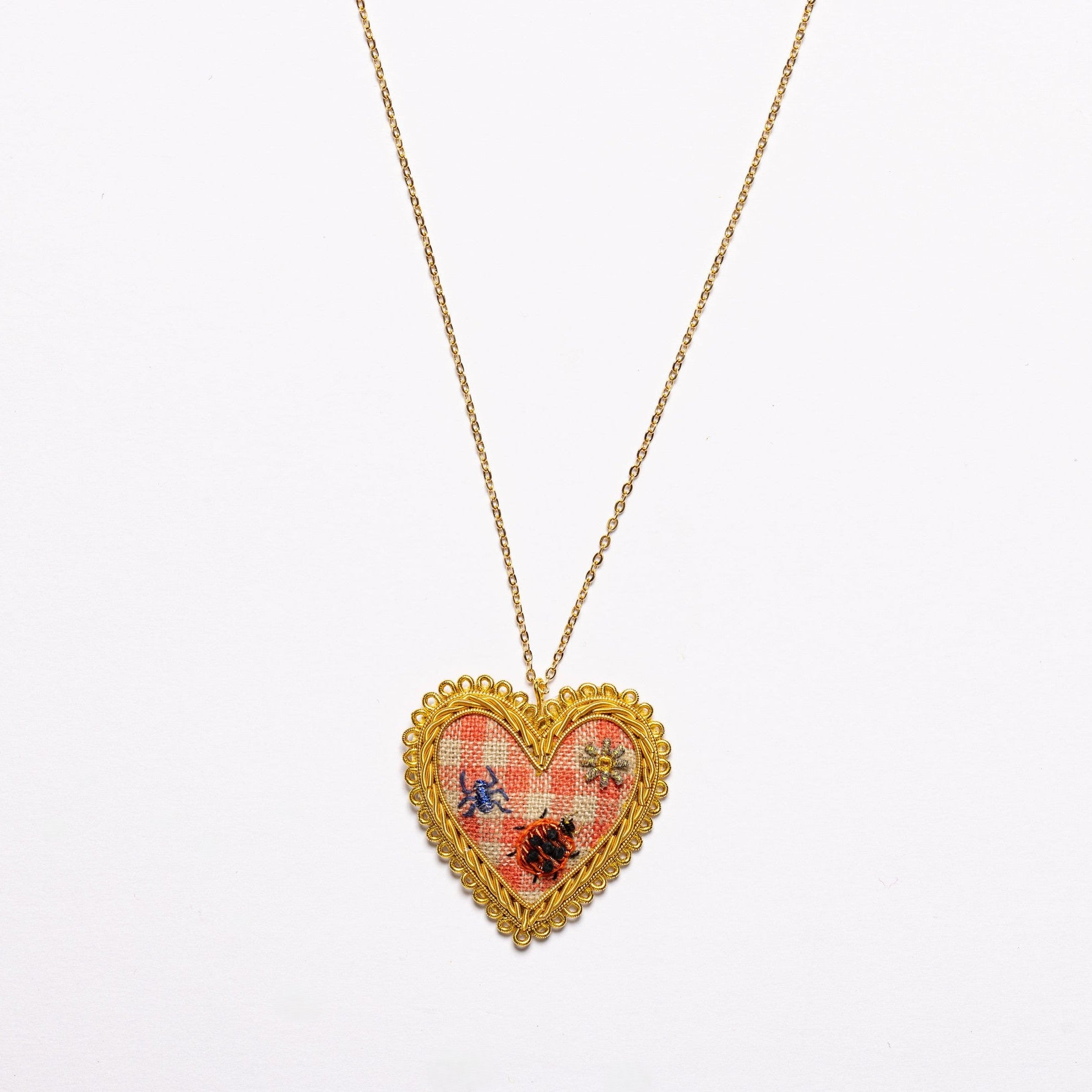 Picnic Heart Necklace - Hand Embroidered necklace on a white background