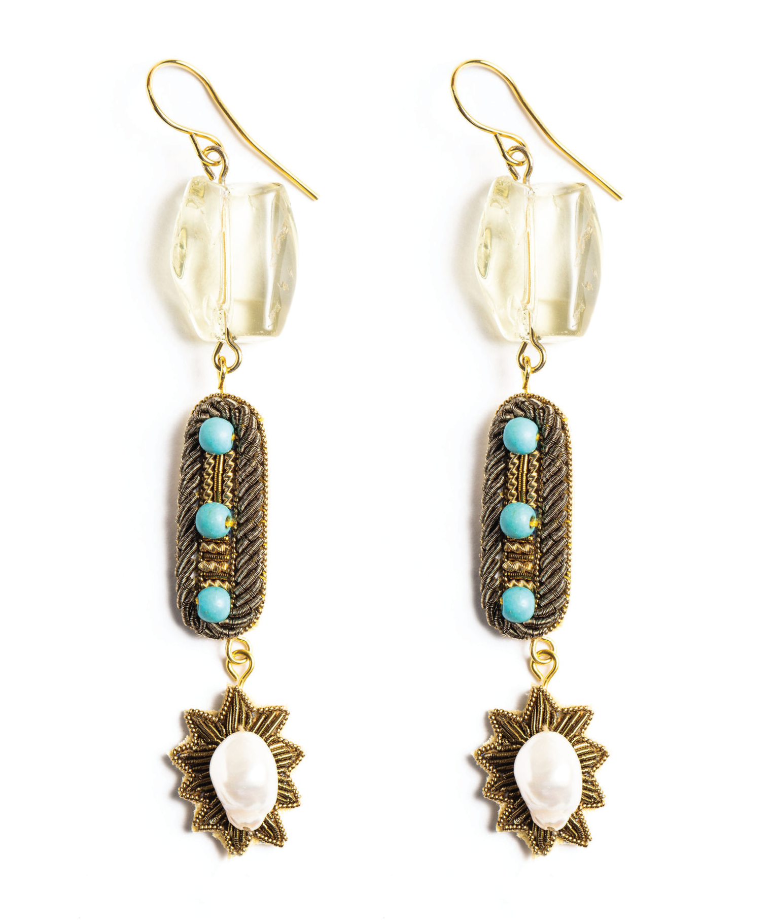 Quartz Charm Hand Embroidered Earrings 