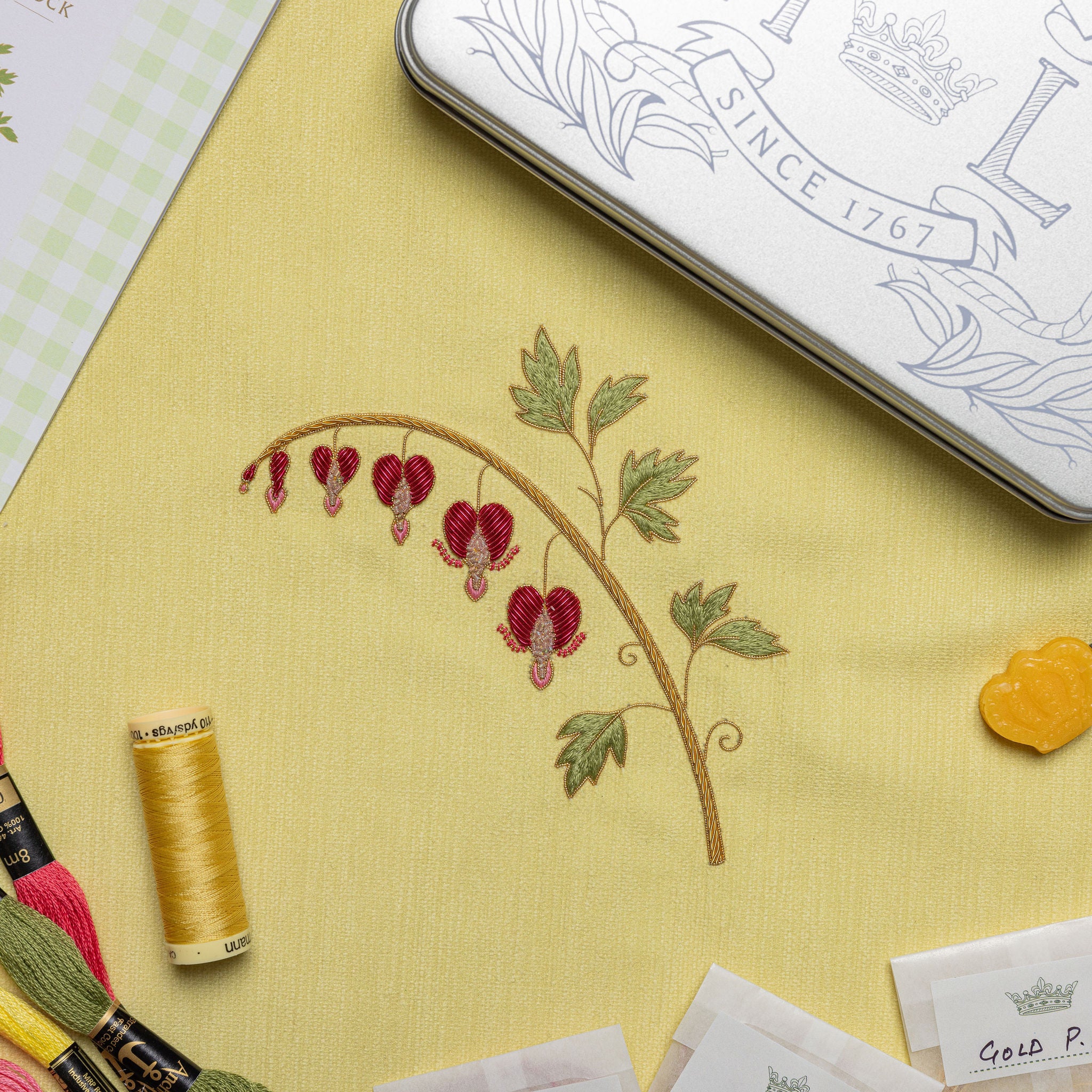 The Bleeding Heart Kit - Embroidered fabric with Bleeding Hearts Flowers on a yellow background