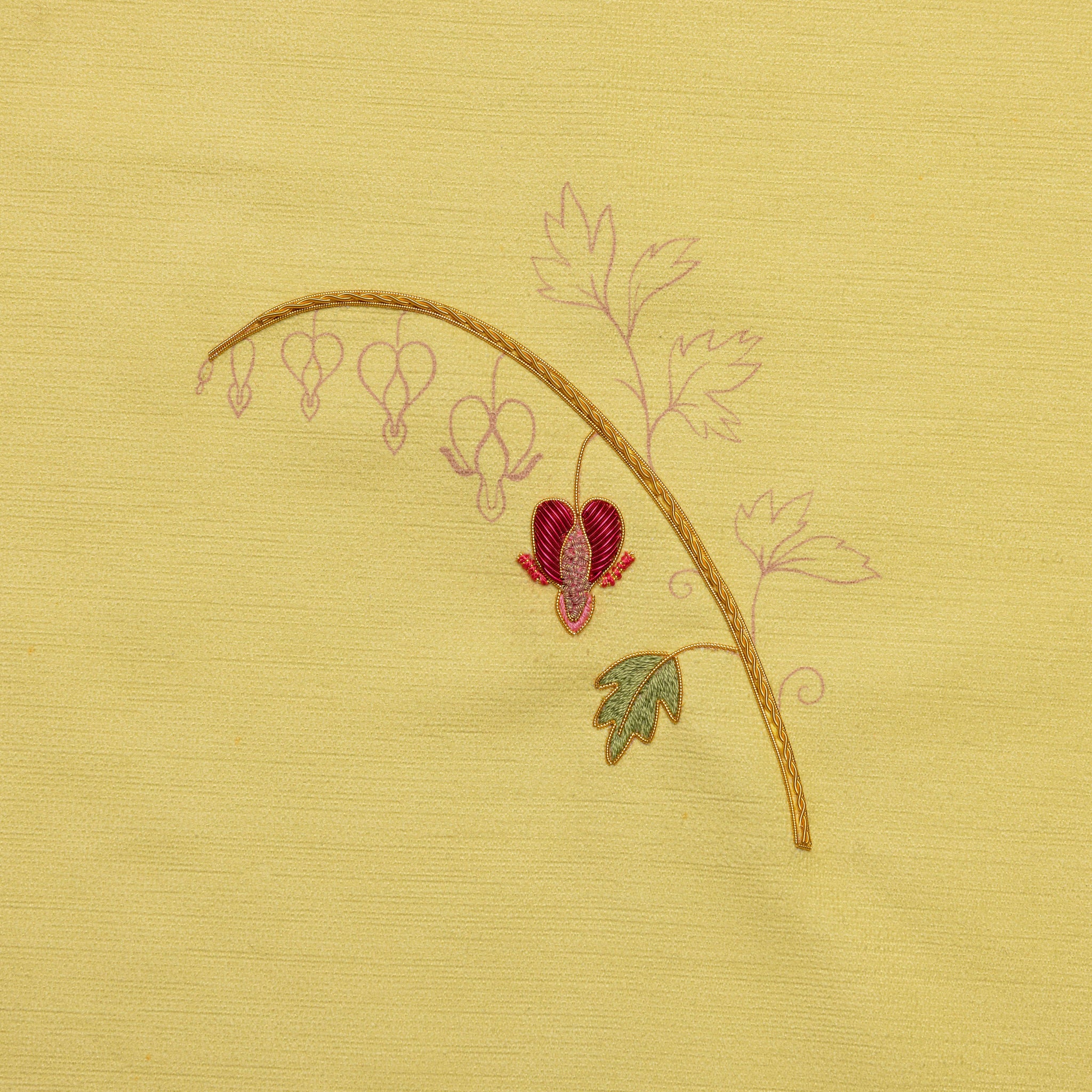The Bleeding Heart Kit - Yellow fabric with a printed floral design, partially hand embroidered work in progress
