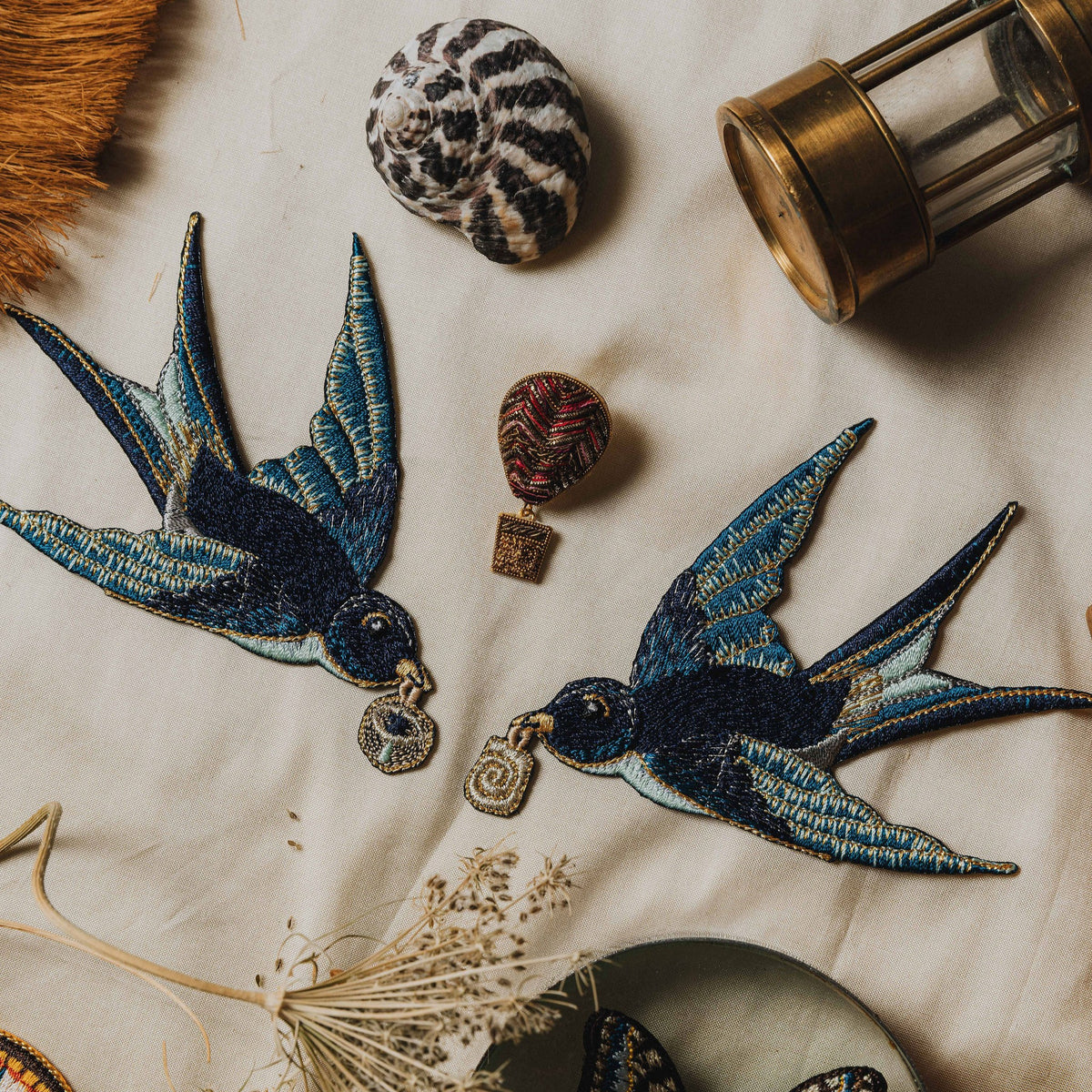 Sailors Swallows Embroidered Patch Set and Hot Air Balloon Brooch