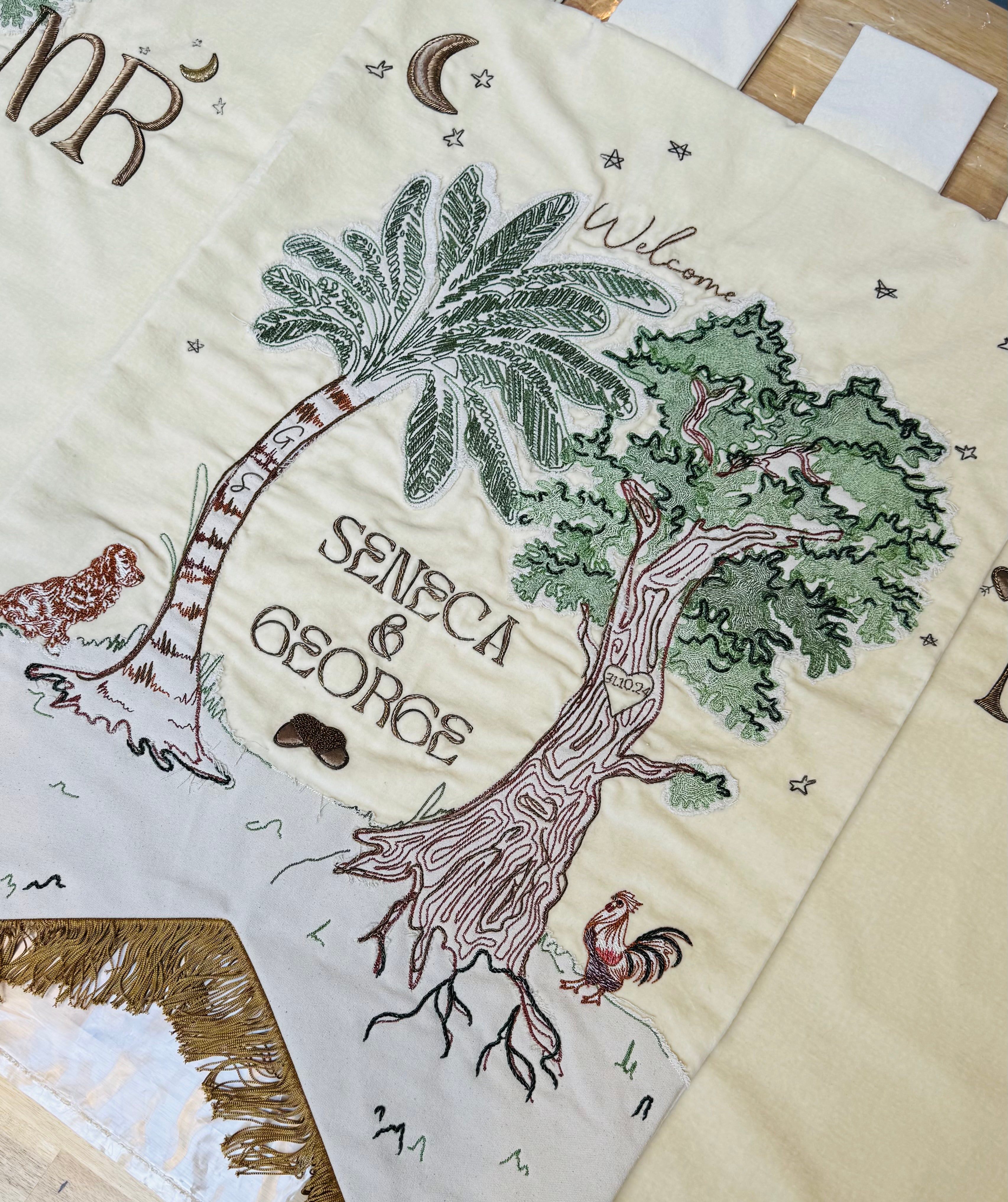 Seneca and George Bespoke Wedding Embroidery Banner