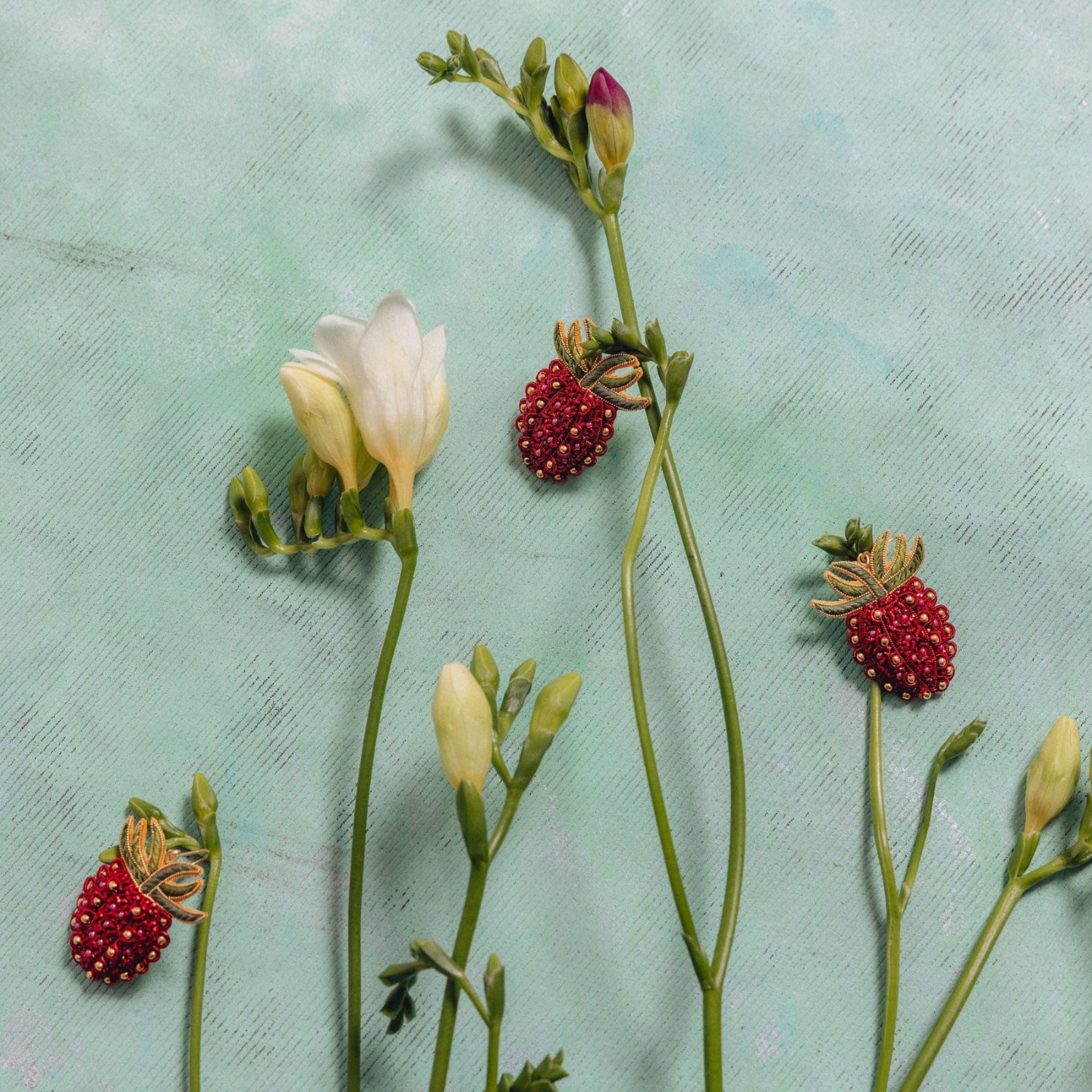 Studio Coverdale Collaboration - Hand Embroidered Goldwork Strawberry Jewellery