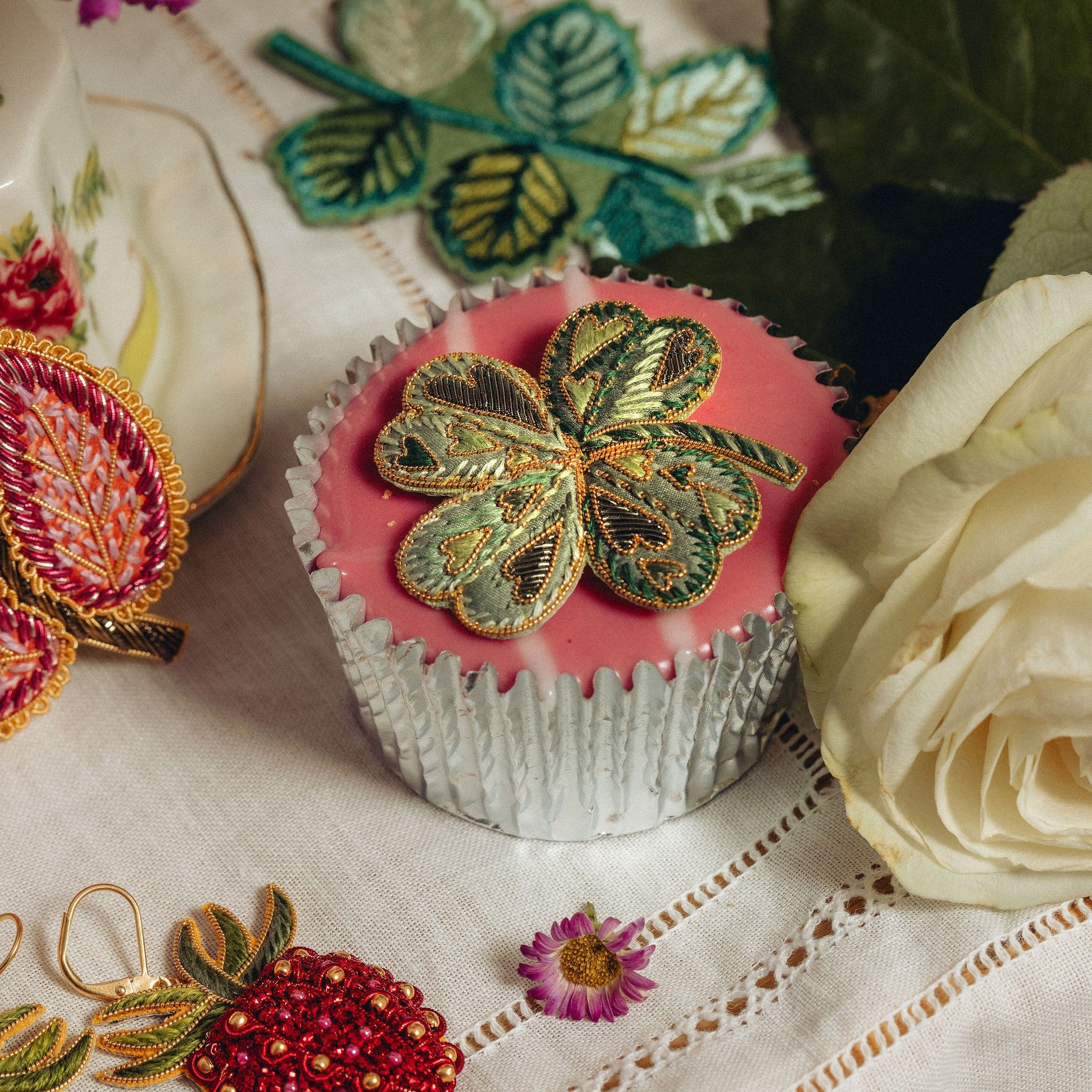 Studio Coverdale Collaboration - Lovers Clover Embroidered Goldwork Brooch